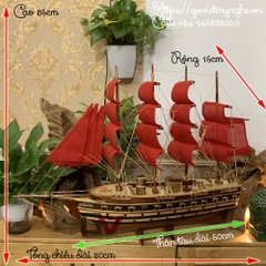 [Dài 80cm] Mô hình thuyền gỗ thuyền trang trí tàu chở hàng Jylland - Thân tàu 60cm - Buồm vải đỏ - Gỗ Tràm