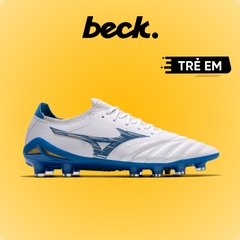Giày Bóng Đá Trẻ Em Mizuno Neo 4 Elite Trắng Vạch Xanh Biển Lưỡi Gà Liền FG