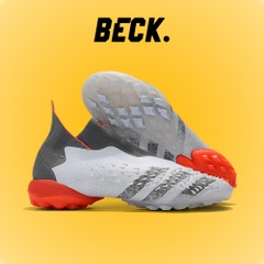 Giày Bóng Đá Adidas Predator Freak+ Trắng Xám Đế Cam Cổ Cao Không Dây TF