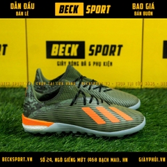 Giày Bóng Đá Adidas X 19.1 Xanh Rêu Vạch Cam Gót Rằn Ri V2 TF