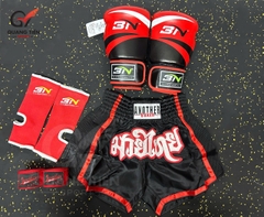 COMBO TẬP BOXING CƠ BẢN GĂNG BOXING + BĂNG ĐA + QUẦN MUAY + TẤT BẢO VỆ - ĐỎ