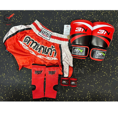 COMBO TẬP BOXING CƠ BẢN GĂNG BOXING + BĂNG ĐA + QUẦN MUAY + TẤT BẢO VỆ - ĐỎ