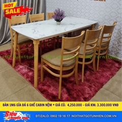 Bộ bàn 1,6m giả đá 6 ghế Cabin – Màu tự nhiên và Walnut, ghế đẩy gọn, tiết kiệm diện tích