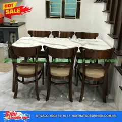 Bộ bàn 1m6 giả đá 6 ghế Panda – Màu tự nhiên và Walnut, ôm lưng, rộng rãi, dễ vệ sinh