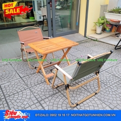 Bàn Chữ Nhật 40x60 Gỗ Tràm Tự Nhiên + 4 Ghế Camping – Bền Đẹp, Sang Trọng, Xếp Gọn