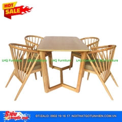 Bộ bàn ăn 4 ghế 12 nan – Bàn chân xương cá, gỗ cao su tự nhiên, sang trọng đẳng cấp