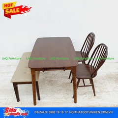 Bộ bàn ăn chân tròn 1m2 2 ghế 6 nan 1 bench – Kết hợp độc đáo, tiết kiệm diện tích