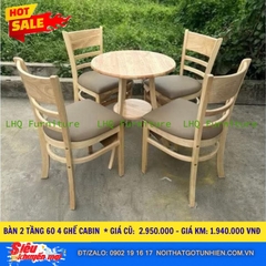 Bộ bàn 4 ghế Cabin bàn 2 tầng tròn 60cm – Màu gỗ tự nhiên – Nệm si Thái Lan êm ái