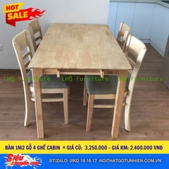 Bộ bàn ăn 1m2 4 ghế Cabin nệm – Bàn gỗ tự nhiên, ghế nệm êm ái