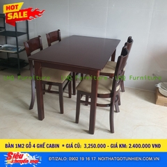 Bộ bàn ăn 1m2 4 ghế Cabin nệm – Bàn gỗ tự nhiên, ghế nệm êm ái