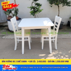 Bàn Vuông 80cm + 2 Ghế Cabin – Màu Trắng & Tự Nhiên – Giá chỉ 1.550.000đ