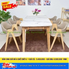 Siêu sale – Bàn ăn 1m6 mặt giả đá + 6 ghế chữ A sơn màu tự nhiên – Giá chỉ 4.500.000đ