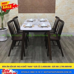 Bộ bàn ăn 4 ghế 7 nan mặt giả đá màu Walnut – Gỗ cao su tự nhiên – Nội Thất LHQ