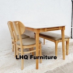 Bộ bàn ăn 2 ghế Butter 1 ghế bench – Bàn mặt giả đá 1m2 – Gỗ cao su tự nhiên – Nội Thất LHQ
