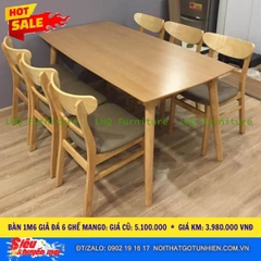 🔥 Siêu sale – Bộ bàn ăn 1m6 + 6 ghế Mango mặt nệm – Chọn màu tự nhiên hoặc walnut – Giá chỉ 3.980.000đ