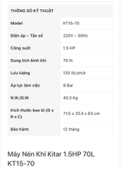 Máy nén khí Kitar có curoa KT15 - 70L , 1.5HP , 120L/phút,