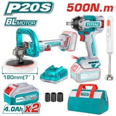 Bộ combo máy siết buloong TIWLI2050 & máy đánh bóng TAPLI2018 không chổi than dùng pin 20V & máy xay cầm tay TJB037T dùng pin TOSLI240686 TOTAL