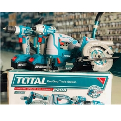 Bộ combo 4 máy gồm cưa đĩa tròn TSLI1401, cưa lọng TJSLI6508, siết vít TIRLI2017 và khoan TDLI20051 dùng pin 20V TCKLI20104 TOTAL