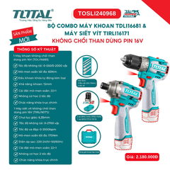 Bộ combo máy khoan TDLI16681 & máy siết vít TIRLI16171 không chổi than dùng pin 16V TOSLI240968 TOTAL