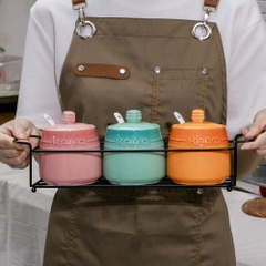 Bộ 3 hũ gốm sứ đựng gia vị Kaiyo Rainbowl kèm giá đựng