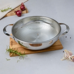 Nồi lẩu - chảo đúc inox 304 3 lớp đáy liền dập nổi Kaiyo sâu lòng 2 tay cầm vung kính size 24cm, 28cm