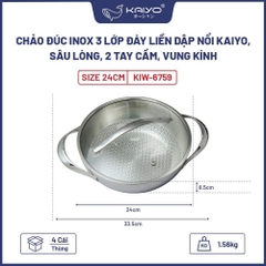 Nồi lẩu - chảo đúc inox 304 3 lớp đáy liền dập nổi Kaiyo sâu lòng 2 tay cầm vung kính size 24cm, 28cm