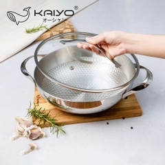 Nồi lẩu - chảo đúc inox 304 3 lớp đáy liền dập nổi Kaiyo sâu lòng 2 tay cầm vung kính size 24cm, 28cm