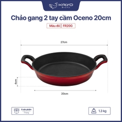 Chảo gang 2 tay cầm Oceno màu đỏ phủ men gốm chống dính tự nhiên bền bỉ an toàn