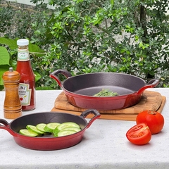 Chảo gang 2 tay cầm Oceno màu đỏ phủ men gốm chống dính tự nhiên bền bỉ an toàn