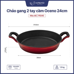 Chảo gang 2 tay cầm Oceno màu đỏ phủ men gốm chống dính tự nhiên bền bỉ an toàn
