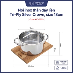 Bộ nồi inox 18/10 KAIYO thân đáy liền Tri-Ply Silver Crown