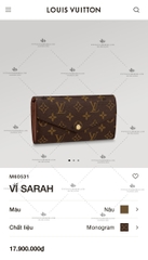 LV SARAH WALLET M60531 - LIKE AUTH 99%