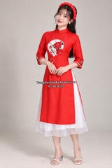 Cho thuê áo dài nữ cách tân lụa đỏ in hoa hồng đẹp, mềm mại, chất lượng tốt