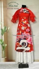 Cho thuê trang phục áo dài nữ đỏ in lân mịn, đẹp, giá tốt