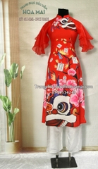 Cho thuê trang phục áo dài nữ đỏ in lân mịn, đẹp, giá tốt