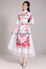 Cho thuê áo dài cách tân trắng hoa đào, đẹp, dễ thương, chất lượng