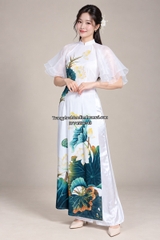 Cho thuê trang phục áo dài nữ trắng in sen vàng lụa mịn, đẹp, co giãn, chất lượng