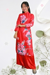 Cho thuê áo dài truyền thống nữ đỏ gấm in hoa đẹp, chất lượng