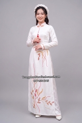 Cho thuê trang phục áo dài nữ trắng gấm đính hạt cao cấp mịn, đẹp, co giãn, chất lượng