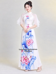 Cho thuê trang phục áo dài nữ truyền thống trắng sen tay bồng vải đẹp, mịn, chất lượng giá tốt