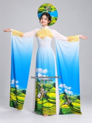 Cho thuê đồ múa, áo dài nữ truyền thống tà dài trắng xanh Tây Bắc đẹp, chất lượng
