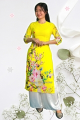 Cho thuê áo dài truyền thống nữ vàng hoa đào đẹp, chất lượng