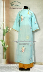 Cho thuê trang phục áo dài nữ truyền thống xanh dương tơ hoa 4 tà múa vải đẹp, mịn, chất lượng giá tốt