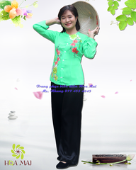 Cho thuê đồ trang phục bà ba nữ lụa xanh lá vẽ hoa đẹp, giá tốt