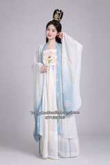 Cho thuê đồ trang phục trung thu, đồ chị Hằng Nga chú cuội trắng xanh thêu hoa đẹp, giá tốt
