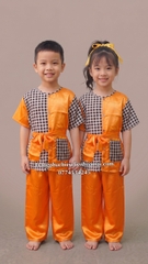 Cho thuê đồ múa thiếu nhi bà ba đồng dao mầm non, cấp 1 cam caro đẹp, giá rẻ, chất lượng
