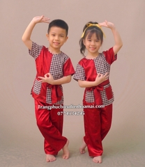 Cho thuê đồ múa thiếu nhi bà ba đồng dao mầm non, cấp 1 đỏ đô caro đẹp, giá rẻ, chất lượng