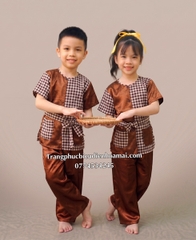Cho thuê đồ múa thiếu nhi bà ba đồng dao mầm non, cấp 1 nâu caro đẹp, giá rẻ, chất lượng