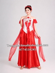 Cho thuê trang phục đồ múa dân gian đương đại yếm đỏ trắng ô tròn đẹp, giá tốt