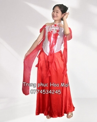 Cho thuê trang phục đồ múa dân gian đương đại yếm đỏ trắng ô tròn đẹp, giá tốt